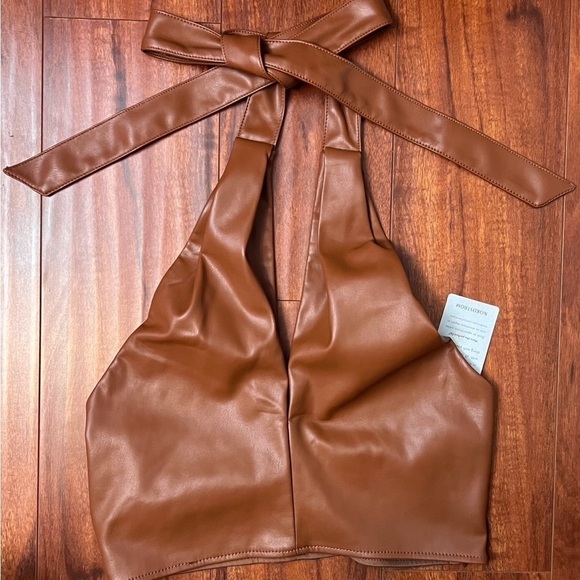 NWT STAUD 70s Vegan Leather Keyhole Twist Front Open Back Halter Tie Crop Top 10 - Picture 12 of 17
